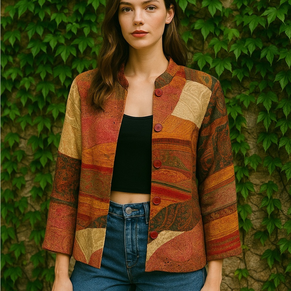 ORVIS Patchwork Wool Mandarin Collar Jacket, M